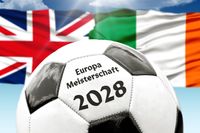 Fußball-Europameisterschaft 2028 Ball vor Flaggen von Großbritannien, Irland und Nordirland.