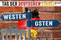 Schilder mit der Aufschrift 'Osten' und 'Westen' vor einer Backsteinmauer, die an die Teilung Deutschlands erinnert, mit dem Bra