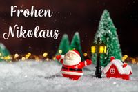 Nikolaus in froher Winterlandschaft mit Text Frohen Nikolaus.