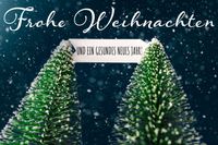 Zwei Tannenbäume mit dem Schriftzug Frohe Weihnachten und ein gesundes neues Jahr.