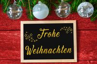 Frohe Weihnachten Bild mit Schriftzug und Weihnachtskugeln auf rotem Hintergrund.