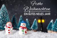 Zwei Schneemänner im Schnee mit dem Schriftzug 'Frohe Weihnachten & Ein gutes neues Jahr'.