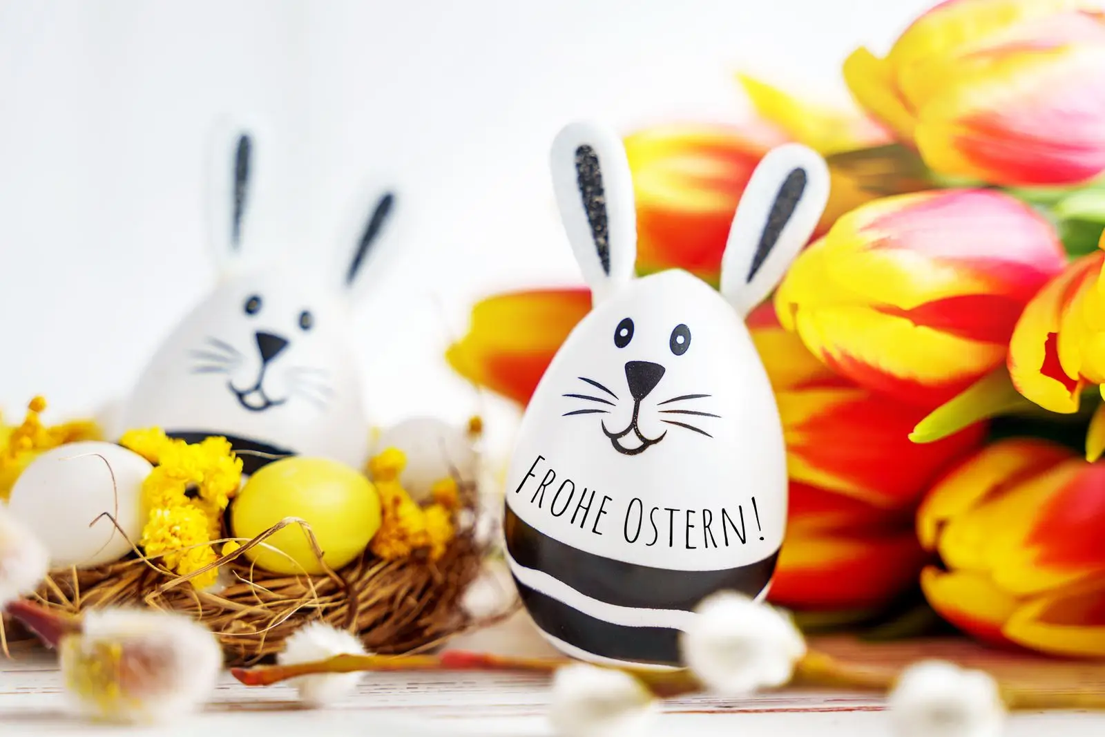 Frohe ostern wünsche mit osterhasen, eiern & tulpen