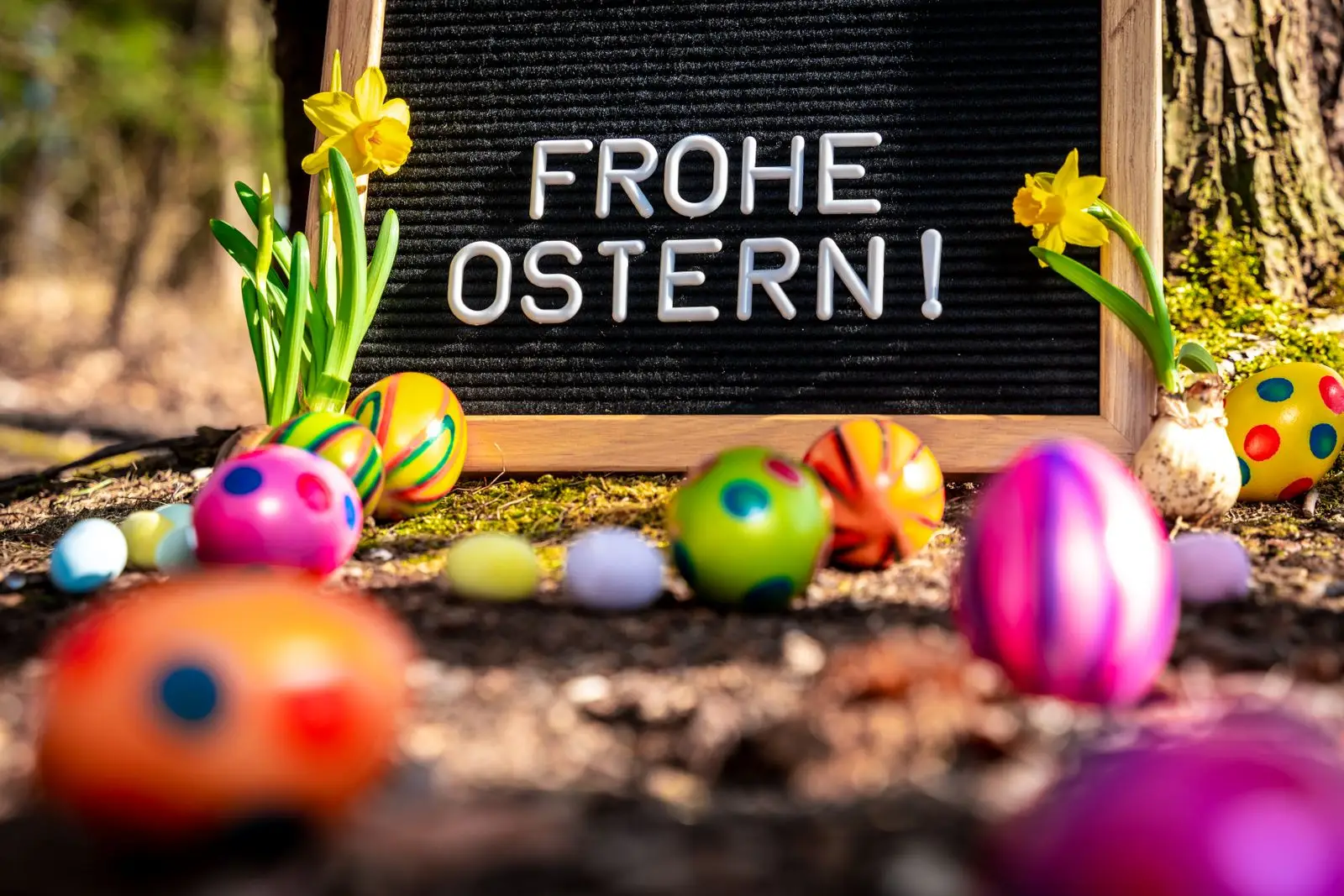 Frohe ostern wünsche und grüße mit ostereiern & tafel