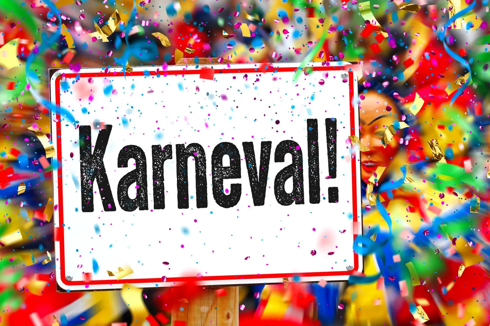 Karneval: bunte konfettis und farbenfrohes schild – karneval bilder für die faschingszeit.