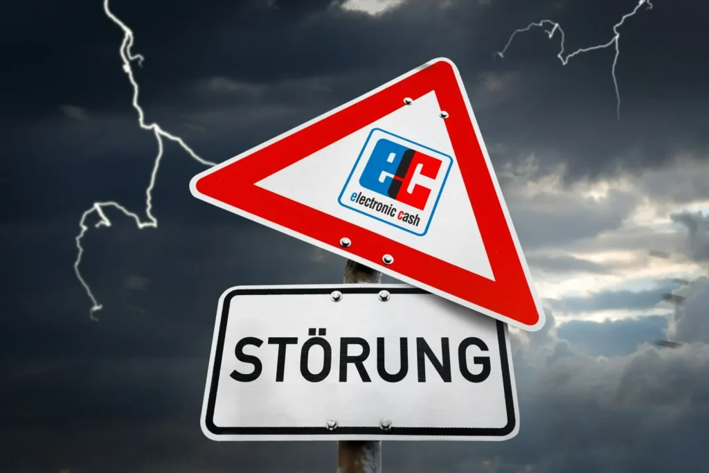 Warnschild mit dem logo von electronic cash und dem text 'störung' vor einem dunklen, stürmischen himmel mit blitzen.