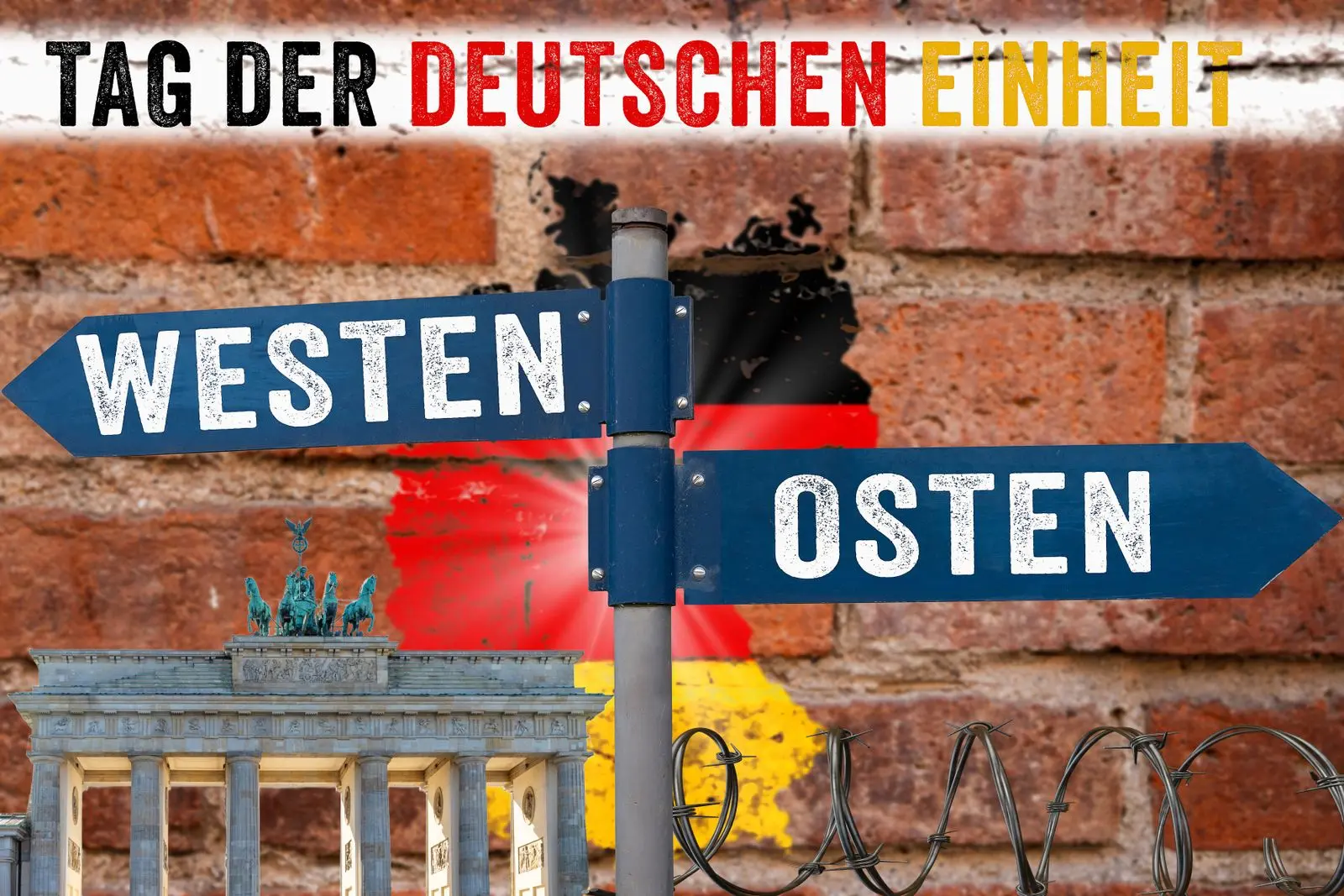 Schilder mit der aufschrift 'osten' und 'westen' vor einer backsteinmauer, die an die teilung deutschlands erinnert, mit dem bra
